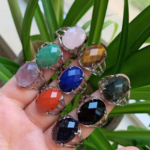 Natural Stone Crystal Rings for Women Healing Jewelry Multifaceted Oval Amethysts Lapis Pink Crystal Finger Rings Party Wedding