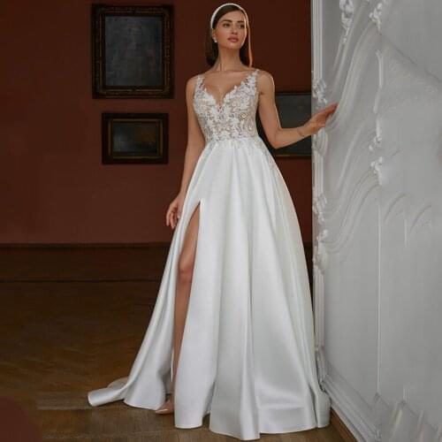 Eightree White Lace Wedding Dress Sexy Sleevelesss V-neck High Split Vintage Applique Bridal Ball Gowns Backless Wedding Dresses