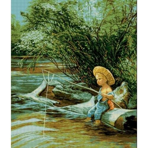 Boy Fishing by the River Top Quality Embroidery Needlework 14CT Unprinted Art Cross Stitch Kits DIY Handmade Home Decor