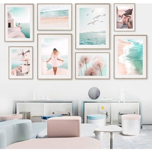 Aegean Sea Girl Bird Dandelion Landscape Wall Art Canvas Painting Nordic Posters And Prints Wall Pictures For Living Room Decor