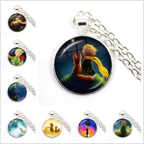 Handmade Cartoon Little Prince Logo Glass Cabochon Pendant Necklace Men and Women Fashion Jewelry Childrens Gift