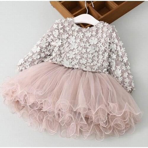 Retail Spring Autumn Girl Princess Dress Stereo Petals Fluffy Gauze Long Sleeve Dress Children Clothing 3-7 Years E6494