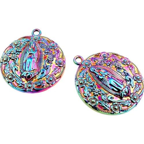 3pcs/lot Rainbow Color alloy Round Mother Virgin Mary pendant Charms fit Necklace Christmas pendant womens Men Jewelry Making