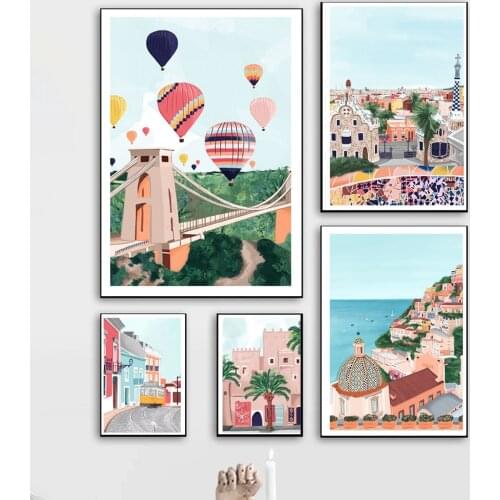Poster Cartoon City Sea view And Nature Landscape Canvas Painting Color Wall Art Picture Travel Print For living room Home Decor