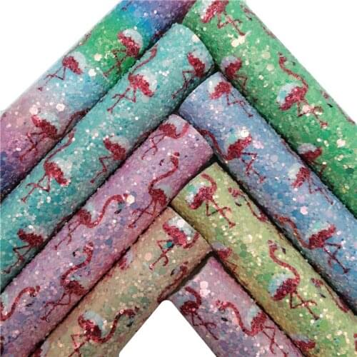 Christmas Flamingo Printed Chunky Glitter Faux Vinyl Fabric with Felt Backing Glitter Leather Sheets For Bow DIY 21X29CM GM2335A