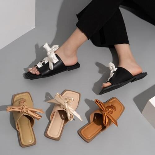2021 Women Summer Fashion Slippers Female Outside Elastic Tie Bow Beach Flat sandals Ladies Kawaii Casual Shoes Plus Size 41