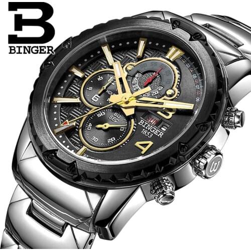 Switzerland Mens Watch Luxury Brand Clock BINGER Quartz Men Watches Multifunctional Military Stop Male Watch glowwatch B6011-2