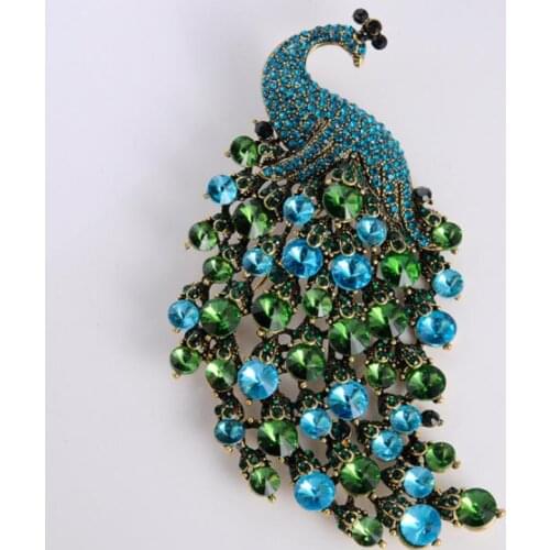 Art Nouveau Peacock Brooch Vintage Green Crystal Rhinestone Jewelry Animals
