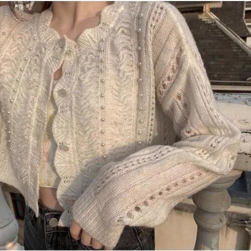 Spring New Stylish Petal Collar Beading Knitted Cardigans Chic Hollow Out Casual Retro Sweater Short Jacket Coat 2021