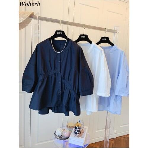 Woherb Causal Loose Doll Shirt Korean Chic O-neck Blouses 2021 Summer Ladies Puff Sleeve Pleated Blusas Camisas Para Mujer
