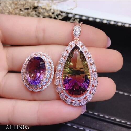 KJJEAXCMY boutique jewelry 925 sterling silver inlaid natural amethyst gemstone female ring necklace pendant set support detecti