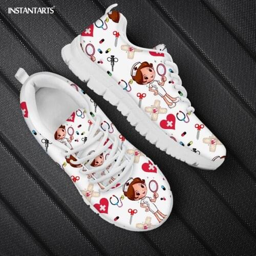 INSTANTARTS Nursing Shoes Women Casual Footwear Spring Lace Up Breathble Flat Shoes Cartoon Nurse Printing Walk Jogging Sneakers