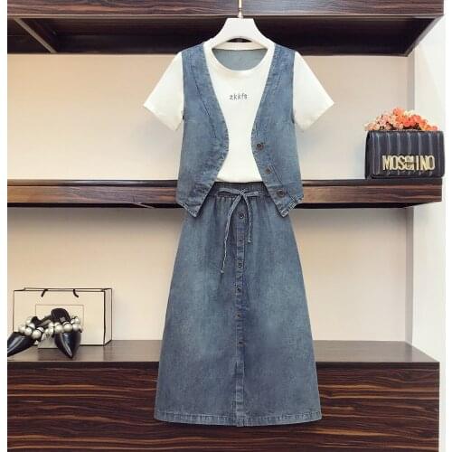Large Size Summer Denim Two Piece Set Fashion Women Jean Short Sleeve Patchwork T-Shirt Tops + Button A Line Skirts Suit M-4XL
