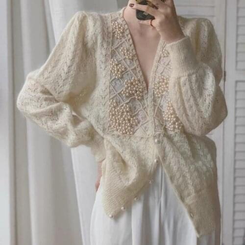 Nic Women Sweater Cardigans Long Sleeve Single Breasted Knitted Sweaters Autumn Pearl Tops Chic Korean Fashion Winter Jacket