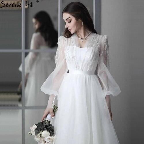 White Simple Elegant Wedding Dresses 2021 Lantern Sleeves Beading Photography Bridal Gowns BHA2476 Custom Made Serene Hill