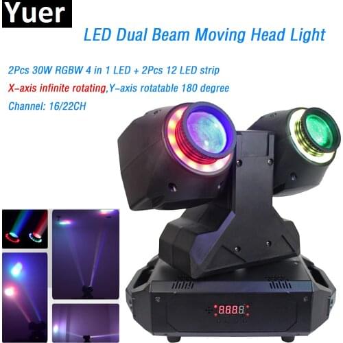 Free Shipping Unique Design Dual Beam Moving Head Lights 2X30W RGBW 4IN1 LED Beam Lights With 2X12Pcs LED Strips 16/22 Channels