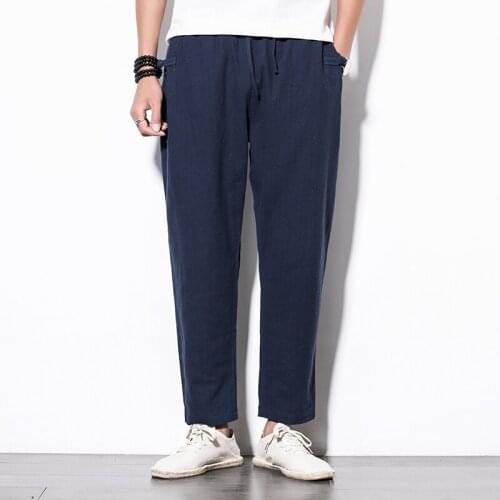 Summer Leisure Trousers 4 Colors Linen Cotton Elastic Waist Men Loose harem Pants Regular Straight Bottom Flax Men Casual Pants