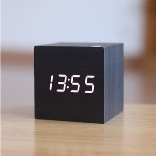 Digital LED Electronic Alarm Clock Square Digital Wooden Clock Table Voice Control Digital Room Clock Living Bedroom Alarm Clock