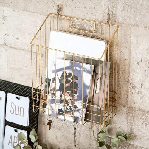 DUNXDECO Home Office Storage Magazine Book Holder Golden Wall Hanging Shelf Iron Basket Modern Nordic Home Office Decorating