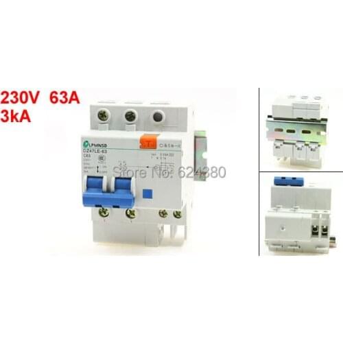 DZ47LE-63 C63 AC 230V 63A 40A 2P 2 Poles Household Miniature Earth Leakage Circuit Breaker Overload Protection 3kA + Lead Rail