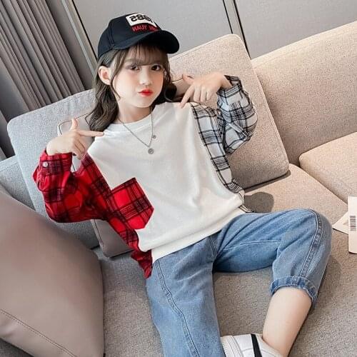 T-shirt For Girls Autumn Girls Hoodies Sweatshirt Plaid T-shirt Children Casual Style Teen Clothing For Girls 6 8 10 12 14 Year