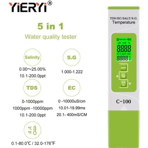 Yieryi 5 in 1 TDS/EC/SALT/S.G./Temperature Meter Digital Water Quality Monitor Tester for Pools, Drinking Water, Aquariums