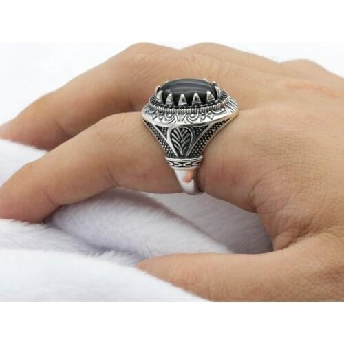 New hot mens ring S925 sterling silver jewelry ring Turkish silver ring inlaid natural stone stone black ring