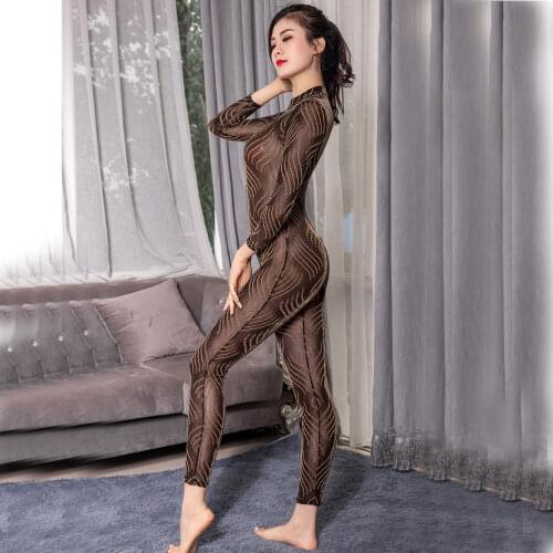 Jumpsuit Women Leopard Printing Bodysuit Zipper Open Crotch See Through Glossy One Piece Club Outfit Sexy Tight Bodycon Jumpsuit