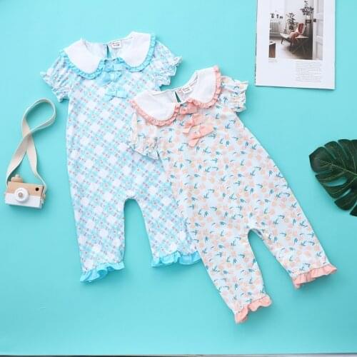 New Summer Baby Girl Rompers Sweet Doll Collar Bow Floral Print Short Sleeve Baby Rompers Baby Clothes Newborn Girl Outfit 0-18M