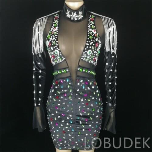 Multi-Color Rhinestones Tassel Epaulet Short Dress Black Velvet Mesh Transparent Crystal Wrap Hips Mini Outfit Singer Stage Wear