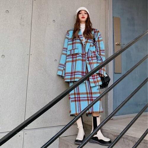 Suit Winter Woolen Jacket Women 2021 New High Wait Plaid Spilt Skirt 2 Piece Set Female Vintage Loose Oversized Suit Coat Trendy