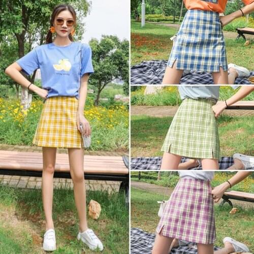 Summer Pleated Skirt Retro Plaid High Waist Slim Bag Hip Skirt Side Slit Plaid Half-length Skirt Anti-glare Culottes Women