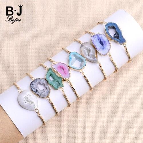 BoJIU Trendy Big Natural Stone Quartz Druzy Charm Bracelets For Women Handmade Gold Plating Copper Beads Drusy Bracelet BCSET131