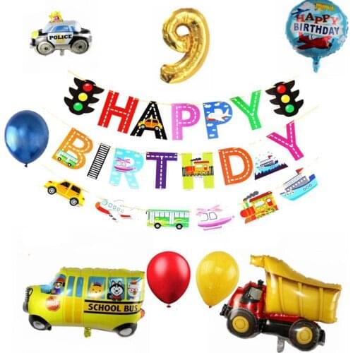 Engineering Vehicle School Bus Transportation Balloon Letter Banner Package Child Boy Birthday Theme Party Hotel Decoration Set