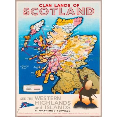 Clan Lands of Scotland Map Great Britain Vintage Travel Wall Sticker Silk Poster Art Light Canvas Home Decoration