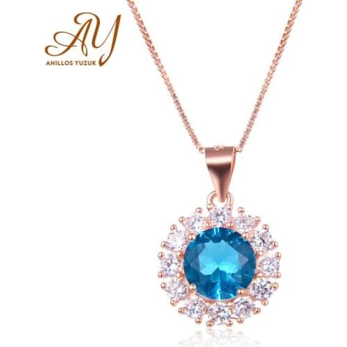 New 925 Sterling Silver Jewelry Created Round Blue Sapphire Necklace For Women Wedding Rose Gold Chain Brand Fine Jewelry