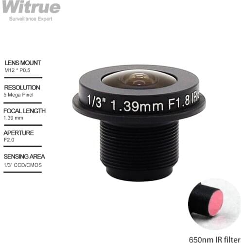 Witrue HD 5mp Fisheye Camera Lens 1.39mm M12 X 0.5 Mount 1/3" F2.0 185 Degree with 650nm IR Filter for IP Security Cameras