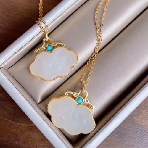 Retro Style S925 Sterling Silver Gilding Inlaid Natural Hetian Jade Lock of Good Wishes Pendant Turquoise Embellishment Gifts fo