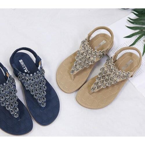 Bohemian Beaded Beach flat Women Sandals Flat Heel Anti Skid Faux Leather Clip Toe Beads Flat Sandals for Beach Flat Shoes