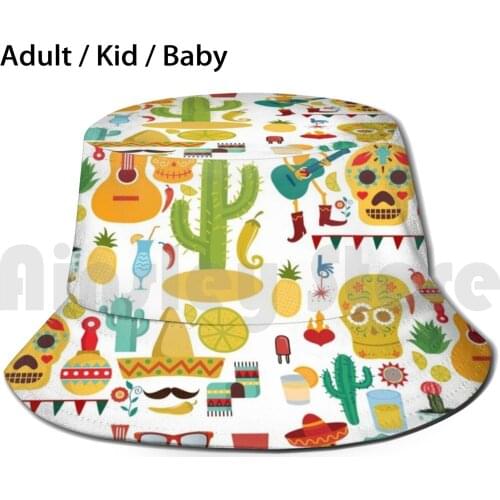 Fiesta Pattern Sun Hat Foldable UV Protection Cinco De Mayo Mexican Pattern Fiesta Party Sugar Skulls Cactus Peppers Home