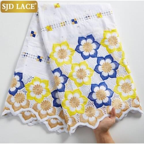 SJD LACE Latest Design 2021African Voile Lace Fabric With Stones High Quality Swiss 100%Cotton Embroidery For Wedding DressA2282