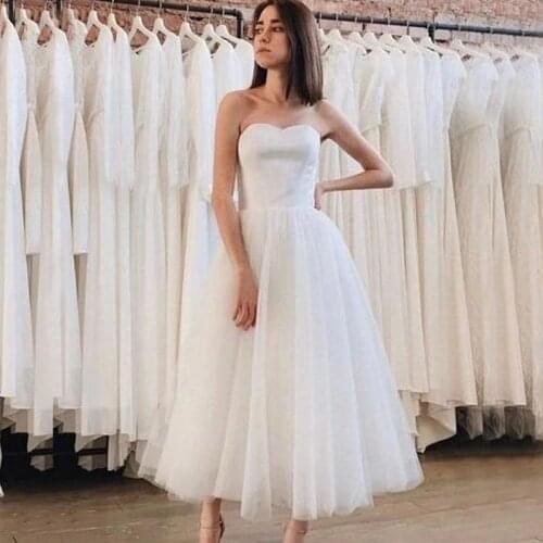 2021 vestido de noiva White Tulle Tea Length Wedding Gowns A-Line Cheap Illusion Wedding Dress Custom Made Beach Bridal Gowns