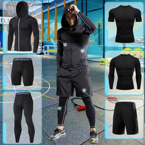 Gym Exercise Fitness Clothing For Mens Compression Sportswear Suits Black Running Tracksuit Set Jogging Training Tights Dry Fit