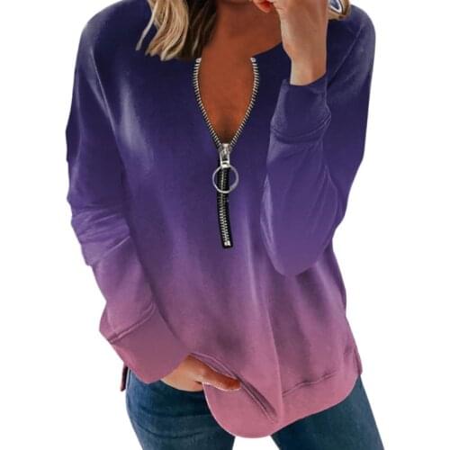 Gradient Print Fleece Womens Hoodies Sweatshirts Autumn 2021 Fashion Tee Long Sleeve Plus Size Tops V-neck Zipper Ladies Hoodies