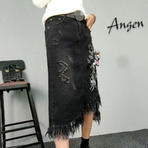 Women Spring Long Denim Skirt Fashion Embroidery Floral Tassel Slim Ripped Wrap Skirt Street Style Retro Black Jeans Skirts