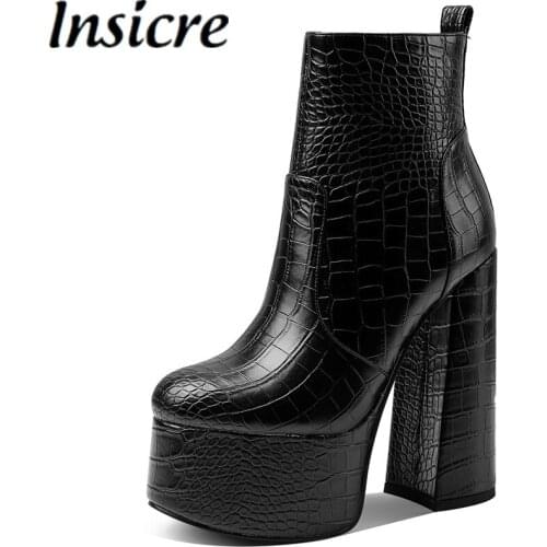 Insicre Women Ankle Boots Zipper Pu Leather Round Toe Platform 2021 Winter Thick High Heel Shoes Big Size 43 Crocodile Pattern