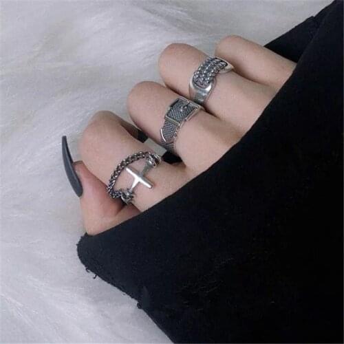 Ins Korea Retro Belt Cross Chain Open Rings for Women Men Index Finger Knuckle Adjustable Ring Personality Female Jewelry Gift