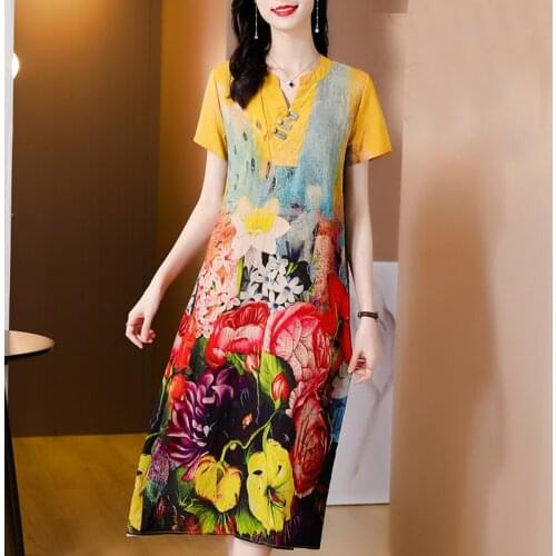 5XL Plus Size Loose Floral Chiffon Dress 2021 Summer Vintage Casual Mulberry Silk Midi Dress Women Elegant Bodycon Party Vestido