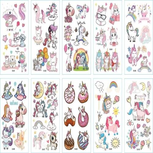 10pcs Cute Color Unicorn Temporary Sticker For Birthday Party Decorations Children Kids Fake Tattoo Cartoon Decals