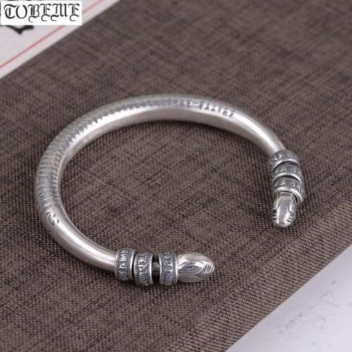 100% 990 Silver Tibetan Six Words Beaded Bangle Pure Silver The Buddhist Heart Sutra Cuff Bracelet Tibetan Bangle Good Luck